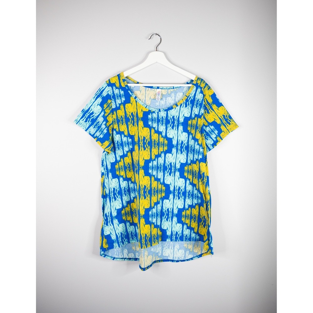 LuLaRoe Horse Print Classic T Blue Yellow Women's 2XL short‎ sleeved comfy